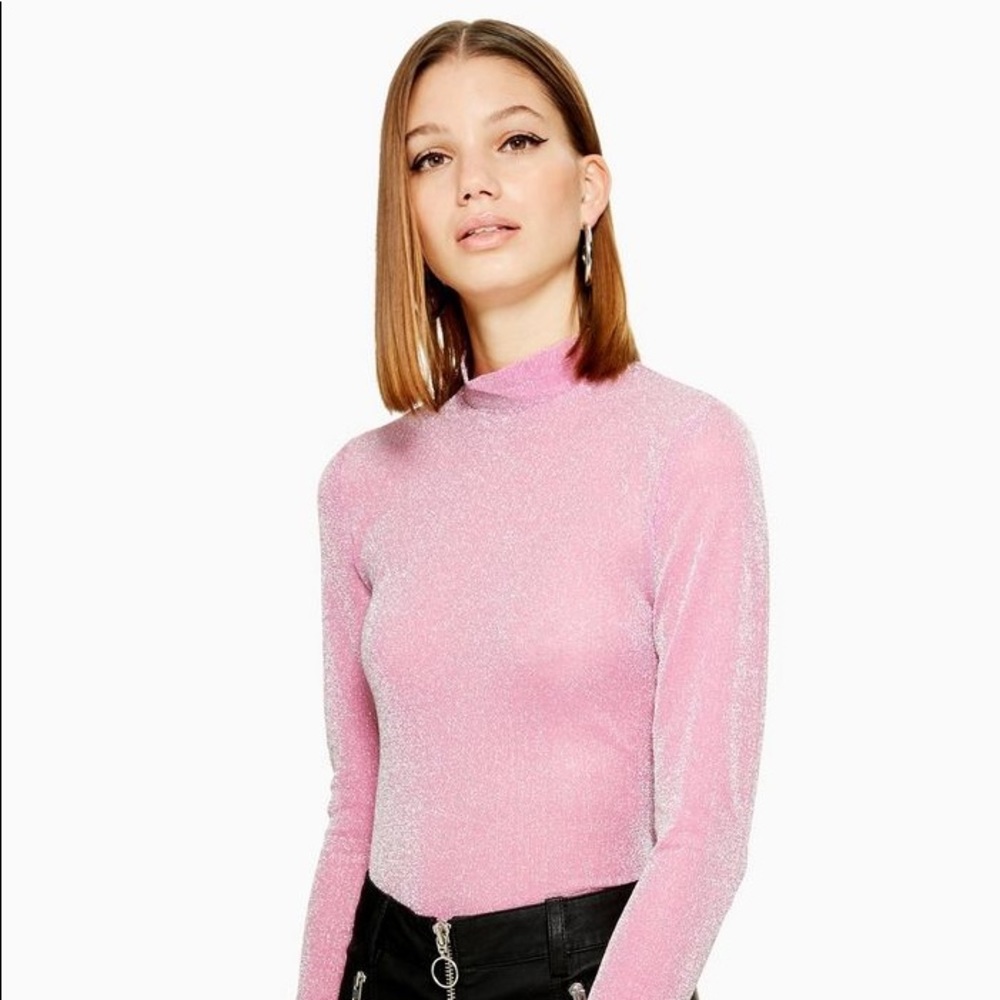 Pink Topshop Metallic Thread Funnel Neck Top